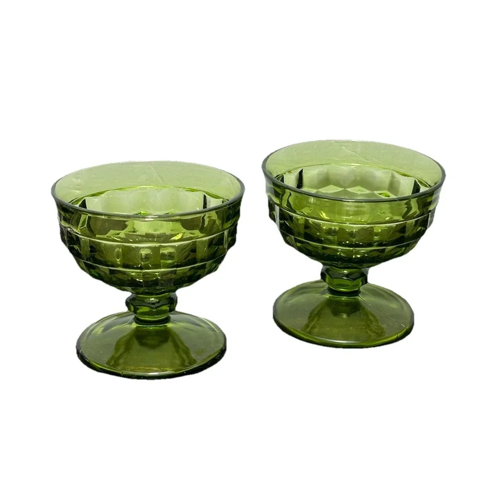 Green Glass Dessert Goblets Footed Cubist Bowls Mid Century VTG Indiana Glass